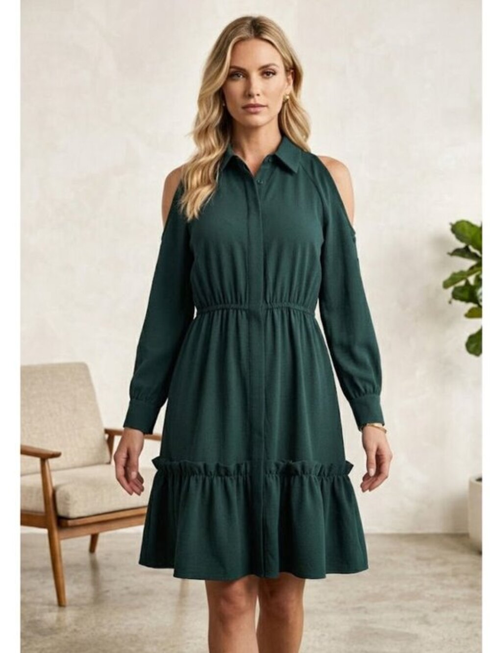 Eliza J Cold-Shoulder Ruffle Tiered Shirt Dress, Forest Green, Womens Size 2
